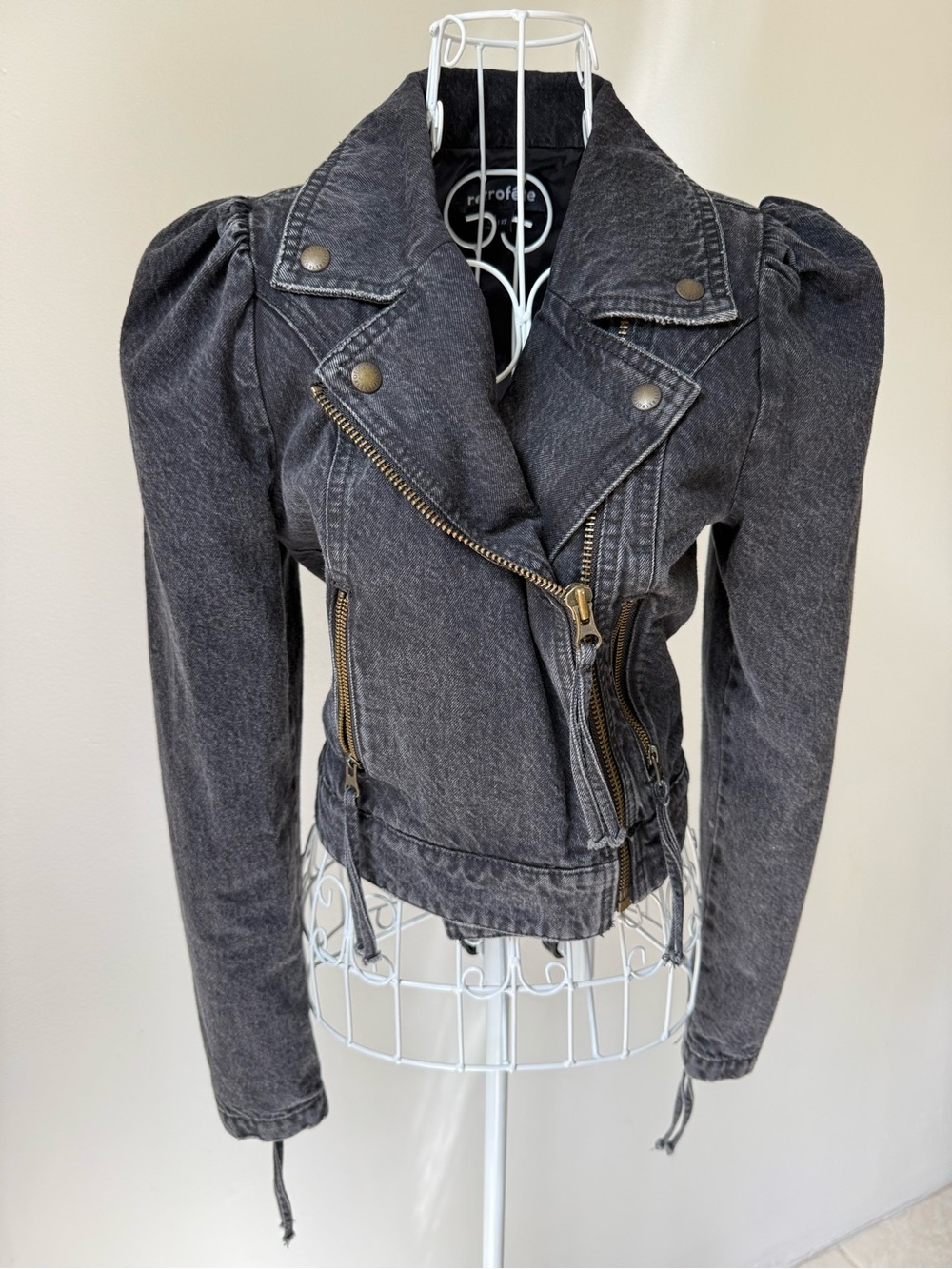 Retrofête Black Denim Moto Biker Jacket Puff Sleeve Zip Cotton XS Made Italy